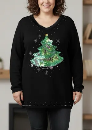 Quacker Factory Black Christmas‎ Tree Holiday V Neck Pullover Sweater Size 1X thumbnail 1