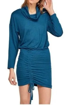 Free People Womens Teal Blue Cowl Neck Ruched Drawstring Mini Dress Size M thumbnail 1