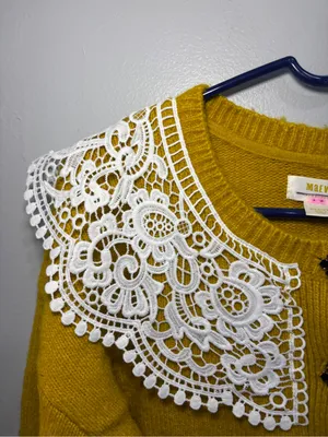 RARE Anthropologie Maeve Mustard Yellow Lace Collar Cardigan Sweater Size M thumbnail 11