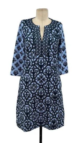 Gretchen Scott Split Neck Dress Mosaic‎ Tile Print Blue Size XS thumbnail 1
