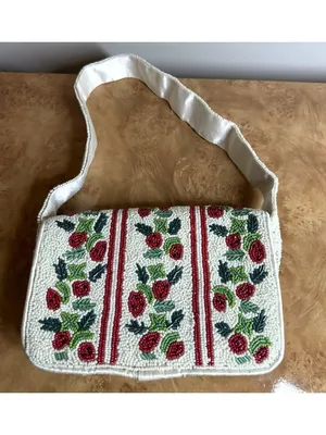 Rachel Zoe Hand Beaded Strawberry Motif Shoulder Bag Cream Baguette Purse Y2K thumbnail 5