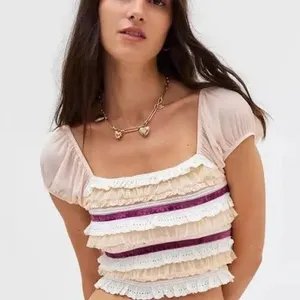 Kimchi Blue Urban Outfitters‎ Liliana Pink Ruffle Eyelet Velvet Crop Top Medium thumbnail 6