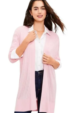 LOFT Cardigan L Pink Ribbed Open Front Duster Longline Sweater Pastel Preppy thumbnail 1
