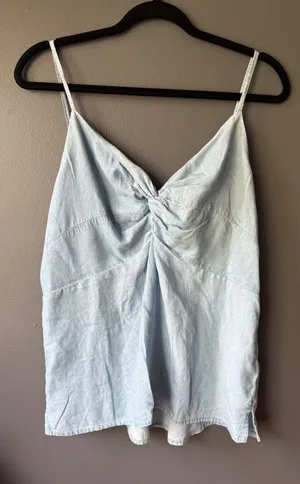 Old Navy Light Blue Denim Tank Top with Smocked Back, Size Large thumbnail 1