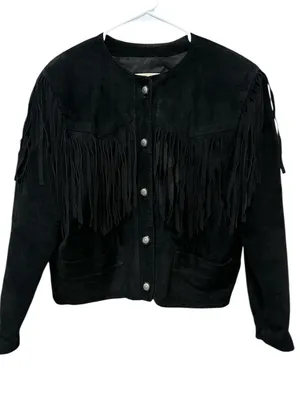 Vintage Black Suede Fringe Leather Cropped Western Boho Style Jacket Size: M thumbnail 1