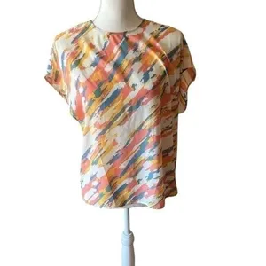 Gilli Womens Blouse Peach Blue Watercolor Abstract Print Dolman Sleeve Layering thumbnail 2