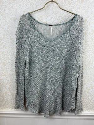 Free People Gray and Blue Poppyseed Knit Lace Pullover Sweater - Size - Small thumbnail 2