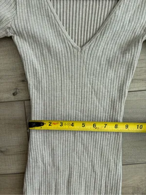 Meshki La Nia Tan Ribbed V Neck Short Sleeve Side Slit Fitted Midi Dress S thumbnail 8