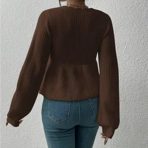 Women's Plain Drawstring Tie Front Scallop Trim Crop Knit Top Brown Size M thumbnail 4