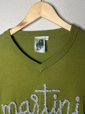Queen of Sparkles Olive Martini Queen V Neck Sequin Elbow Patches Sweater thumbnail 5