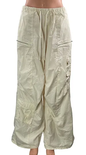 Tiger Mist Cream High Rise Baggy Wide Leg Parachute Cargo Trouser Pants Size L thumbnail 1