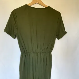 olive green button front drawstring waist jumpsuit‎ pockets women's size small thumbnail 7
