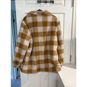 Rylee + Cru Tan and Cream Plaid Wool Sherpa Shacket Coat thumbnail 3