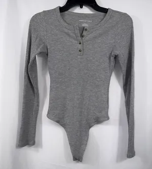 American Eagle Small Gray Ribbed Henley Bodysuit Long Sleeve thumbnail 1