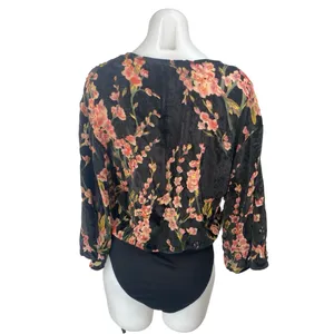 Honey Belle Multicolor Velvet Velour Floral Faux Wrap Long Sleeve Blouse Top M thumbnail 2