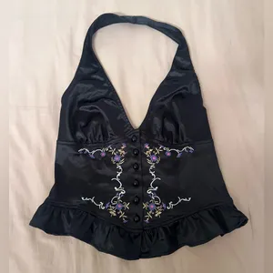 Kimchi Blue Black Satin Halter Top with Embroidered Florals thumbnail 1