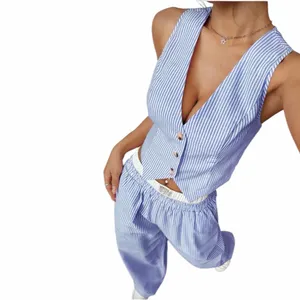 Sz L Private Label Blue Striped Vest and Pants Set New thumbnail 4
