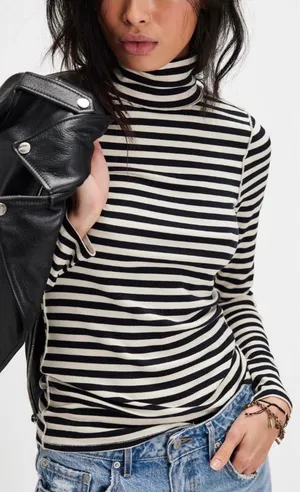 NWOT Free People We The Free Good Good Stripe Turtleneck- black ivory combo - XS thumbnail 1