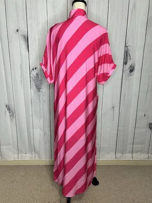 Entro Women’s Maxi Shirt Dress Sz S Diagonal Striped Collared Short Sleeve Pinks thumbnail 7