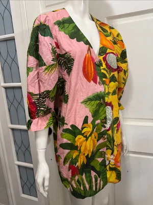Farm Rio 100% Cotton Tropical Fruit Print V-Neck Mini Dress - Pink Yellow Sz XS thumbnail 6