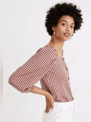 Madewell Gingham Seersucker Puff-Sleeve Button-Front Top Size 4 thumbnail 3