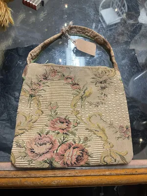 Antique/Vintage Floral Tapestry/Carpet Bag Material Hand Bag in Beige and Pink thumbnail 2