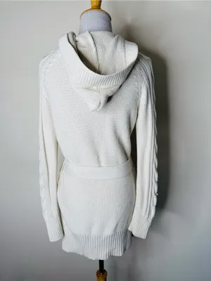 GAP Ivory Y2K Cable Knit Belted Hooded Long Cardigan Sweater thumbnail 5