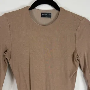 White Fox Ribbed High Neck‎ Long Sleeve Bodysuit in Tan Size Medium thumbnail 3