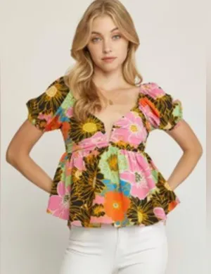 Entro Women’s Vivian V-Neck Bubble Sleeve Top Medium Floral NWT thumbnail 1