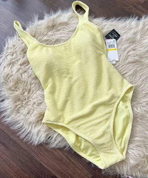 NWT California Waves Popcorn Scrunch Scoop Neck One-Piece Swimsuit Yellow Size M thumbnail 1