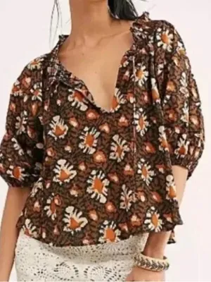 Free People Willow Print Puff Sleeve Blouse Small thumbnail 1