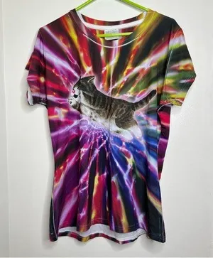 Animal rescue Flying Cat Kitty Portal Galaxy Colorful T Shirt Women’s Size XL thumbnail 1