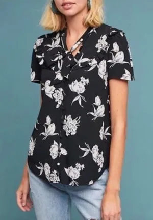Anthopologie Maeve Black Floral Adagio Ruffle Collar Tie Top Small thumbnail 1