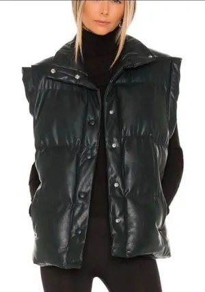 BlankNYC Easy Street Faux Leather Puffer Vest Green Quilted Snap Front Small thumbnail 1