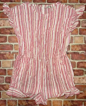 Pre-Owned Loft Pink Candy Stripe Romper Ruffle Trim Plus Size XL Cute Chic thumbnail 1