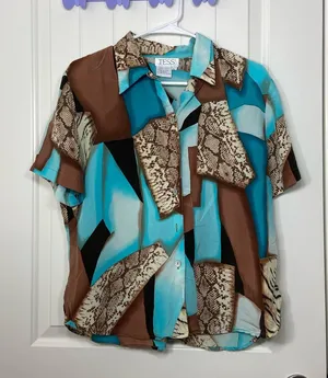 Vintage TESS women’s brown blue pattern 100% silk button front shirt‎ top large thumbnail 1