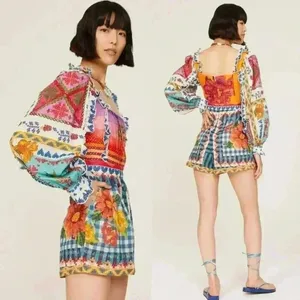 Farm Rio Summer Vibe Romper Ruffled Embroidered Square Neck Patchwork Size M thumbnail 2