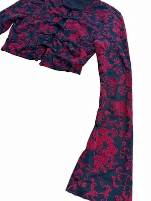 Soly Hux Dragon Print Mesh Crop Top Chinese Frog Button Bell Sleeve NWT Size XS thumbnail 4