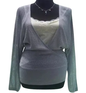 Cache Knit Silver Metallic Peek A Boo Faux Wrap Top New Banded Bottom $98 NWT thumbnail 3