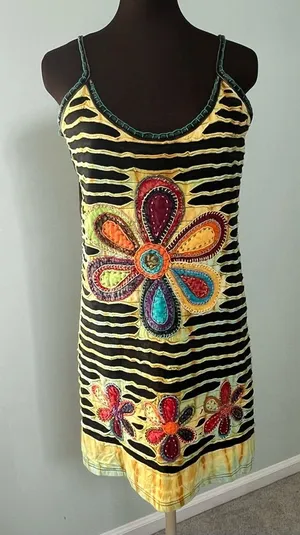 Colorful Boho Floral Striped 100% Cotton Spaghetti Strap Dress Size S/M Nepal thumbnail 1