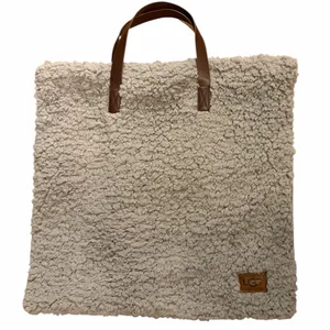 UGG Soft Fluffy Gray Sherpa Bag/Brown Handles NWOT thumbnail 1