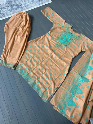 Indian Pakistani 3 Piece Embroidery Printed Light Brown Shalwar Kameez Sz M thumbnail 2