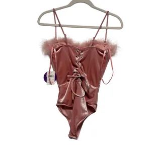Windsor Pink Velvet Feather Trim Bodysuit Size S thumbnail 4
