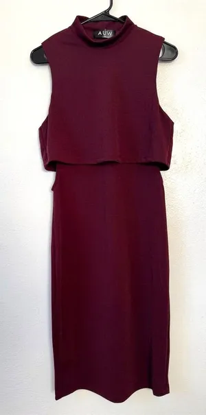 AUW Burgundy High Neck Sleeveless Cutout Side Bodycon Dress Womens Medium Cocktail thumbnail 1