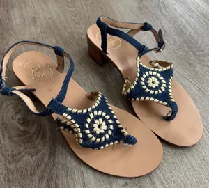 Jack Rogers Elise Denim‎ Gold Wrap Sandals 8M Dark Wash Flats Flip Flops Heeled thumbnail 1