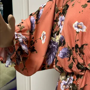 White Birch Coral Peach with bold florals 2 tier dress balloon sleeves size L thumbnail 4
