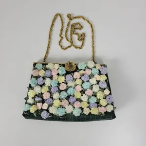 Andé Womens Clutch Bag Green Croc Embossed Pastel Floral Applique Gold Chain thumbnail 5