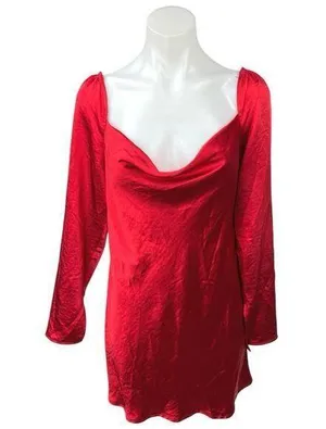 Princess Polly Red Silk Satin Cowl Neck Long Sleeve Mini Shift Slip Dress Size 8 thumbnail 1