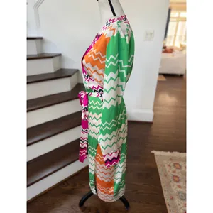 Never Fully Dressed Orange Green Chevron Long Sleeve Wrap Satin Midi Dress thumbnail 3