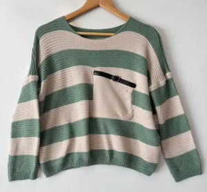 Striped Knit Sweater Women's Green Beige‎ Pocket Detail Pullover Casual thumbnail 1